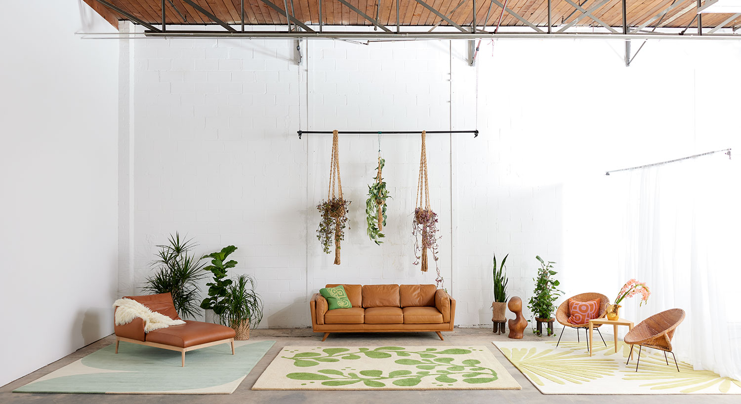 A large room with a brown leather chair, some plants and a neutral and green area rug with abstract designs on it called Vine Mambo
