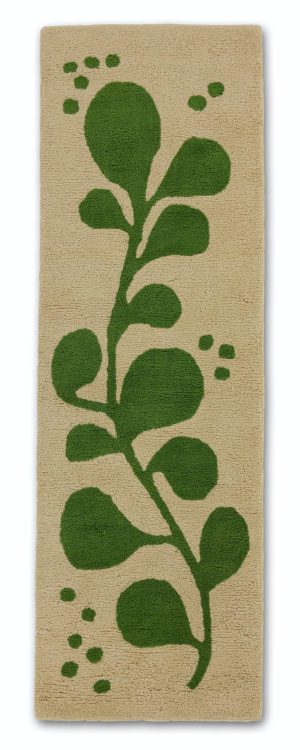 A neutral and green runner rug with abstract designs on it called Vine Mambo