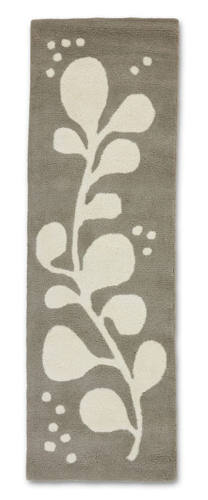 A neutral and gray runner rug with abstract designs on it called Vine Swoosh
