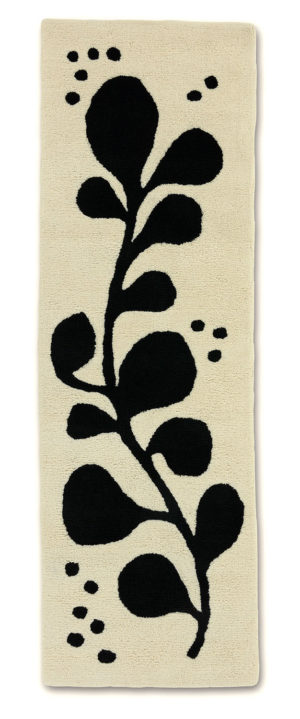 A neutral and black runner rug with abstract designs on it called Vine Tango