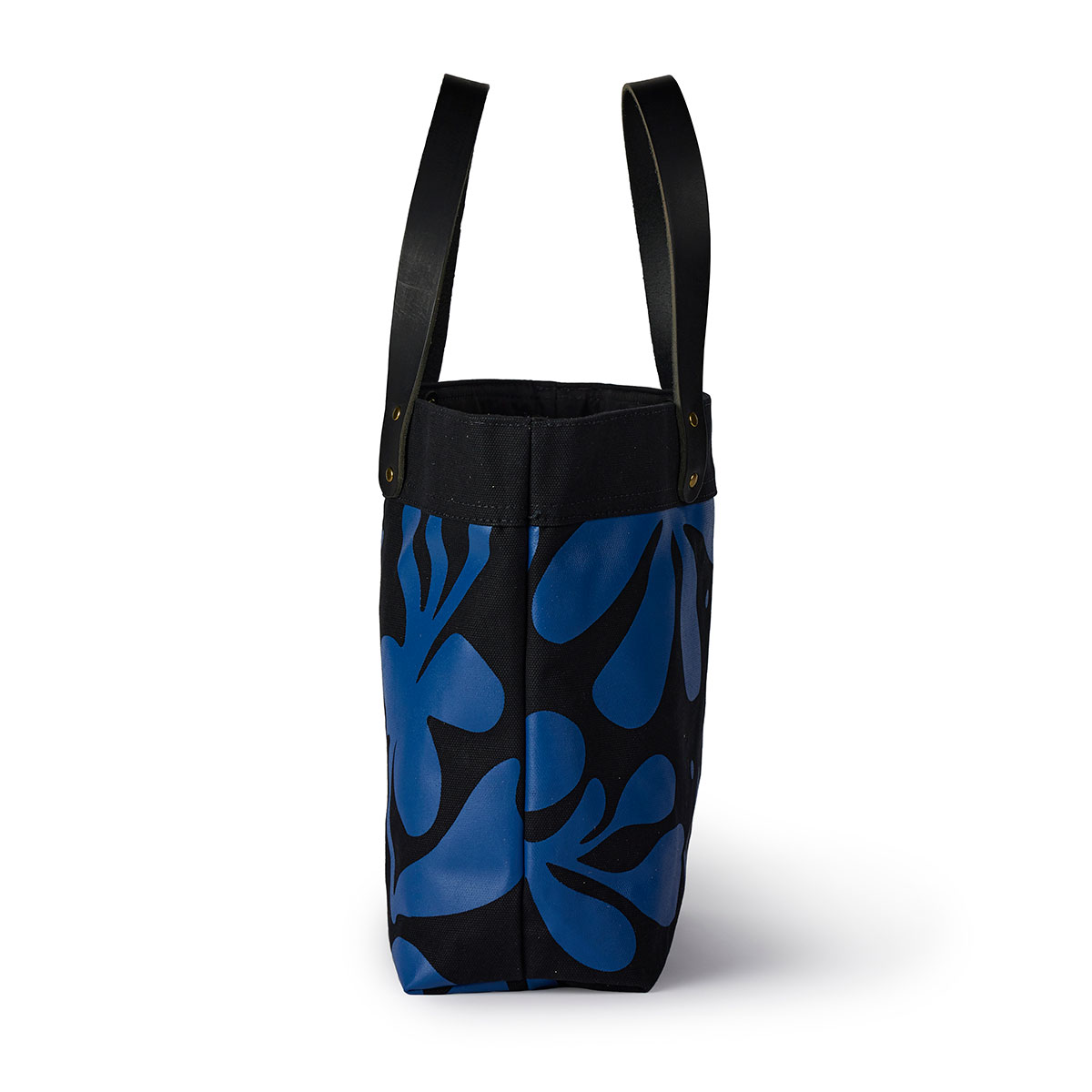 Side profile of Black and blue Floral print tote by Angela Adams