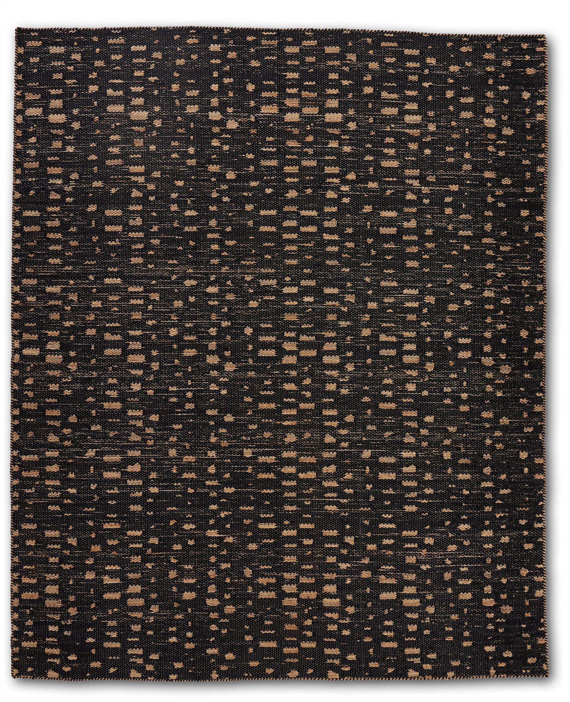 A close up of a jute area rug with tan stripe patterns on a dark brown background.