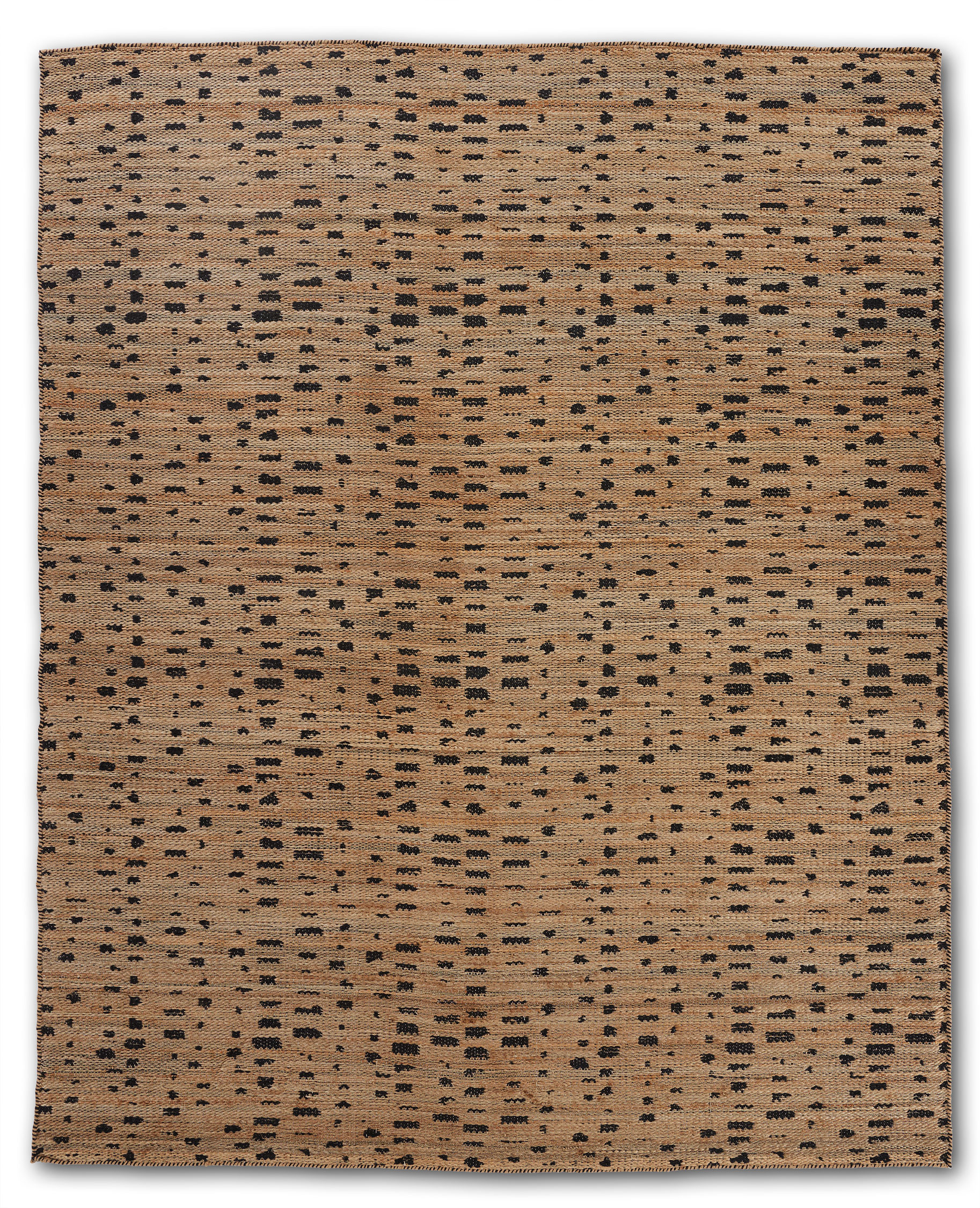 A close up of a jute area rug with brown stripe patterns on a light brown background.