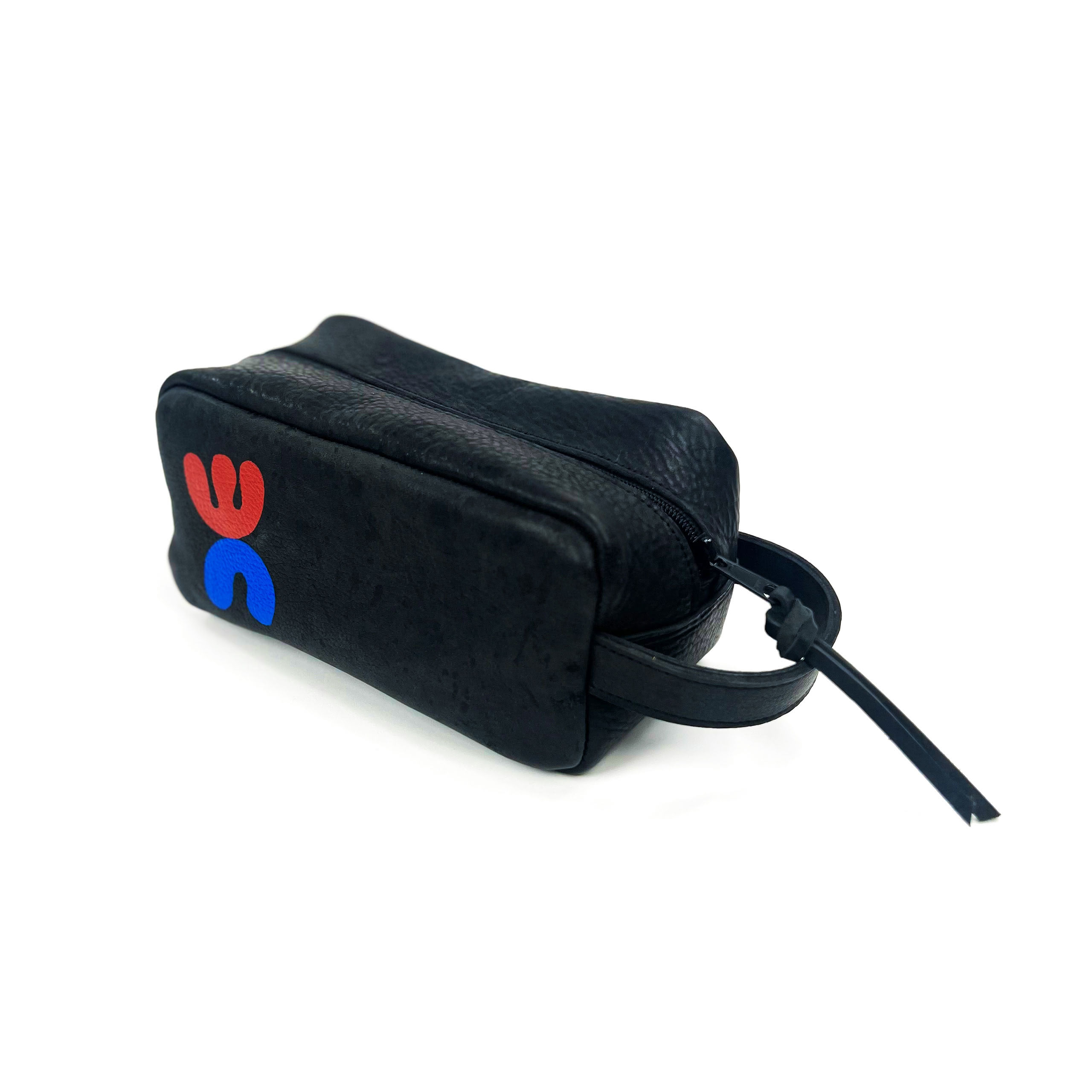Black cosmetic bag with a red and blue handprint logo and text on the side, positioned against a white background.