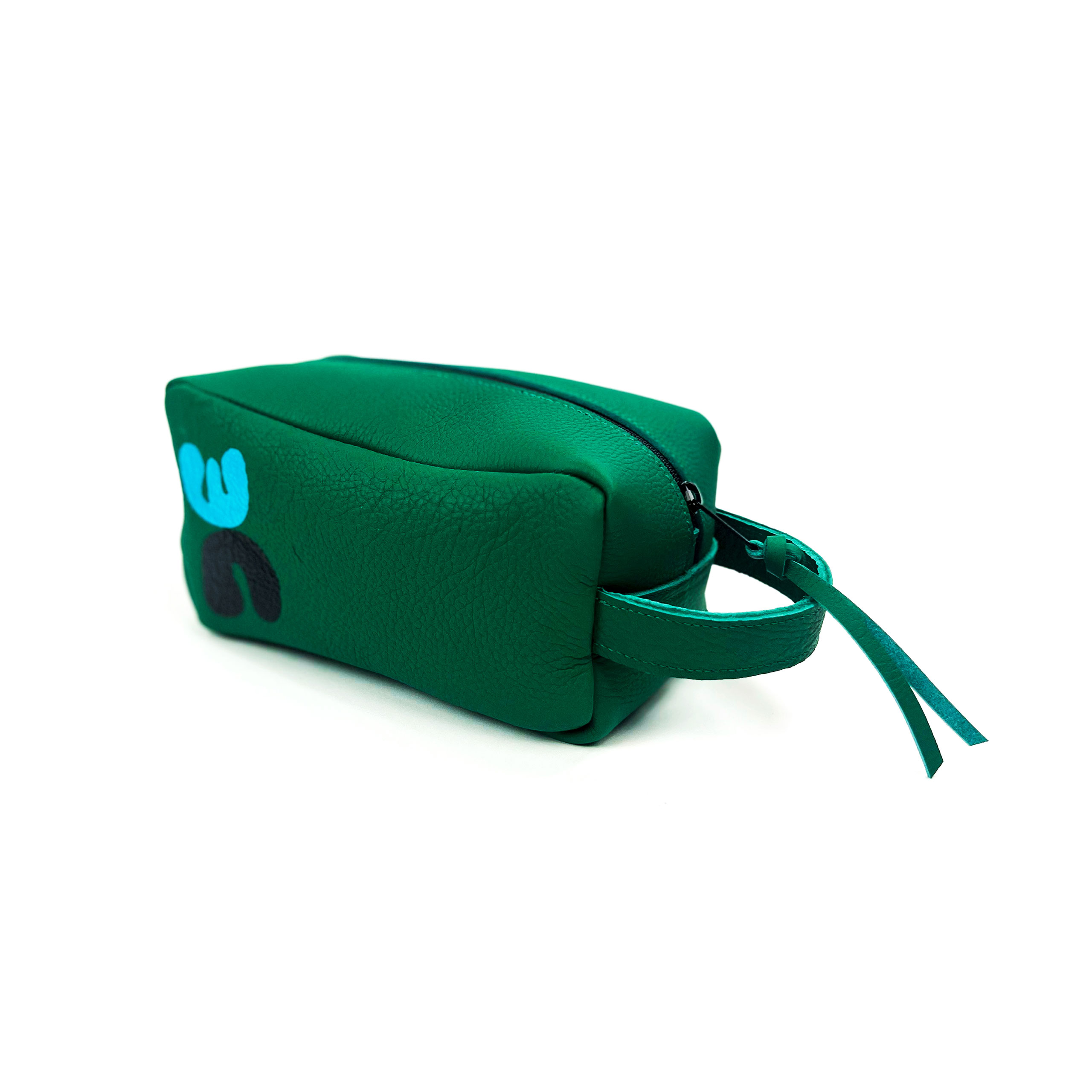 Green cosmetic bag with a blue handprint logo and text on the side, positioned against a white background.